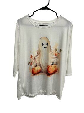 Halloween Pumpkin Ghost Print 3/4 Sleeve T-Shirt White Orange Festive Holiday